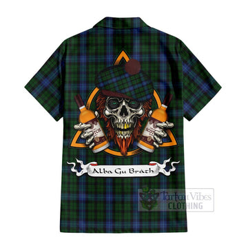 MacIntyre (McIntyre) Tartan Short Sleeve Button Shirt with Family Crest and Bearded Skull Holding Bottles of Whiskey