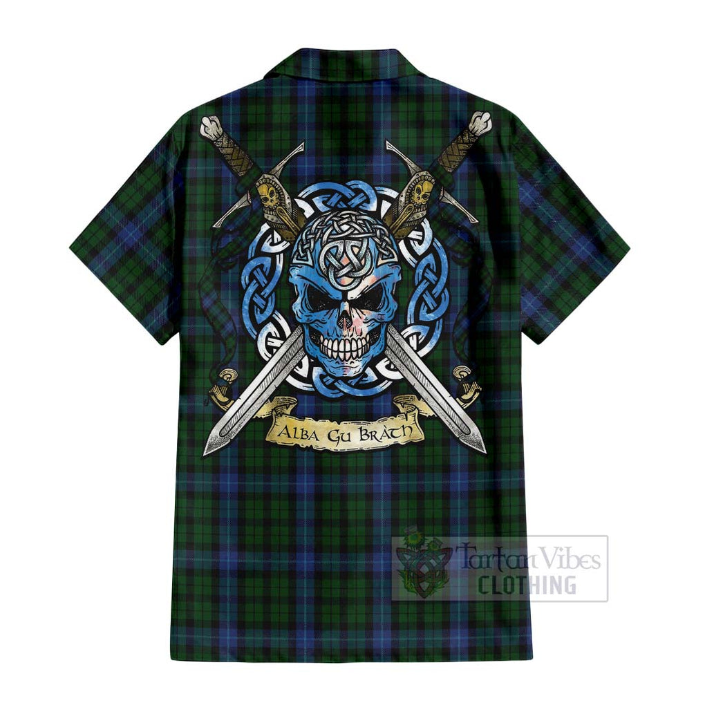 Tartan Vibes Clothing MacIntyre (McIntyre) Tartan Short Sleeve Button Shirt with Family Crest Celtic Skull Style