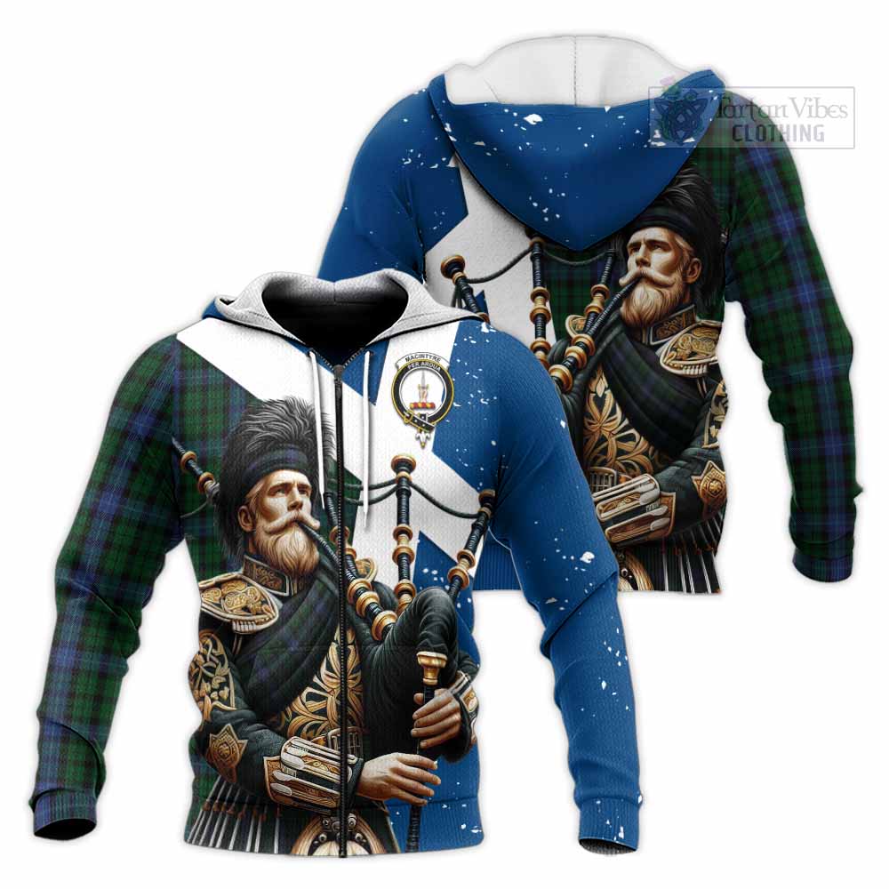 Tartan Vibes Clothing MacIntyre (McIntyre) Tartan Knitted Hoodie with Family Crest Scottish Bagpiper Vibes