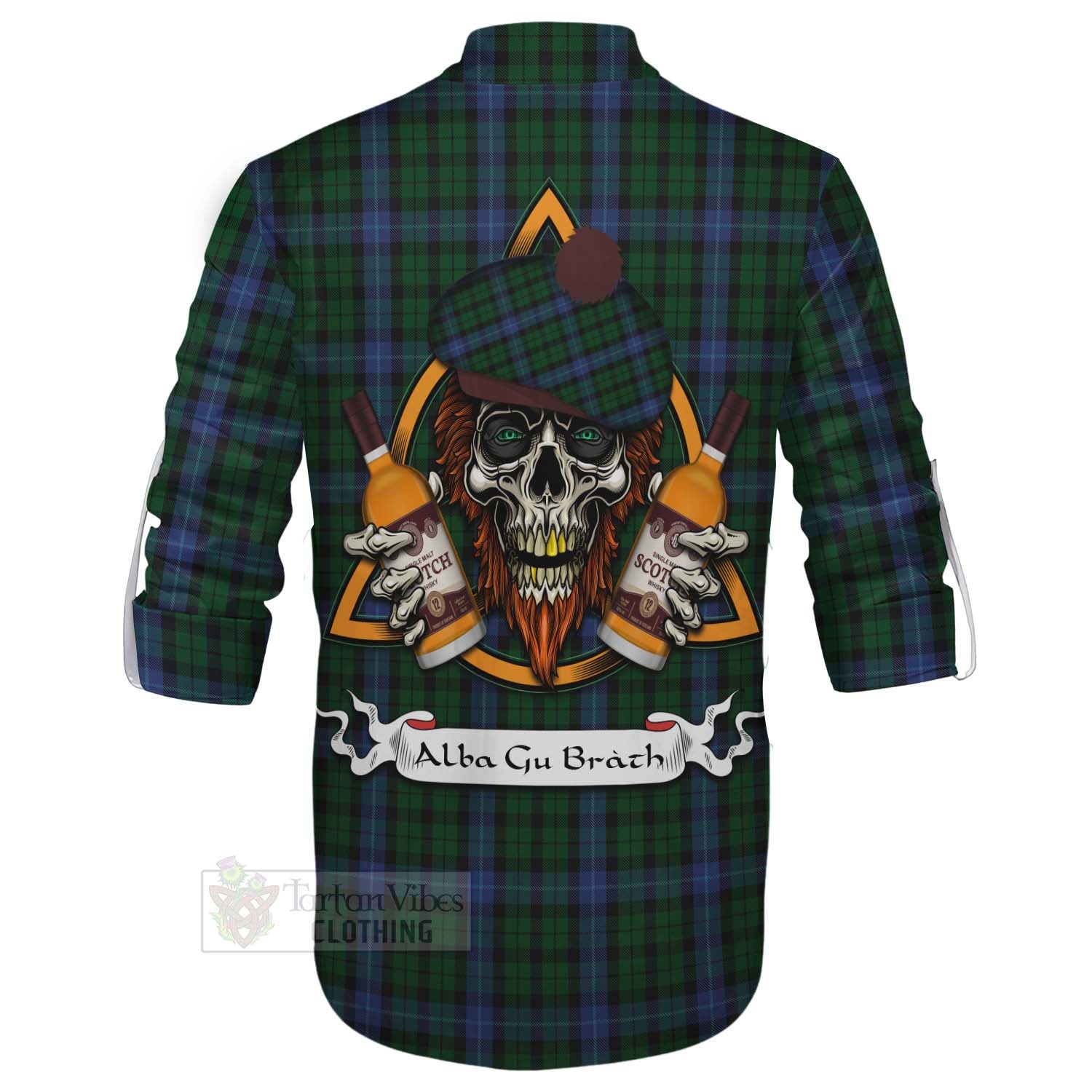 Tartan Vibes Clothing MacIntyre (McIntyre) Tartan Ghillie Kilt Shirt with Family Crest and Bearded Skull Holding Bottles of Whiskey