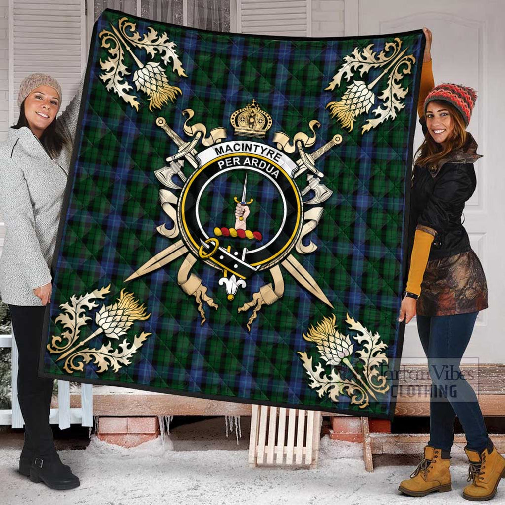 Tartan Vibes Clothing MacIntyre (McIntyre) Tartan Quilt with Family Crest and Scottish Golden Courage Shield