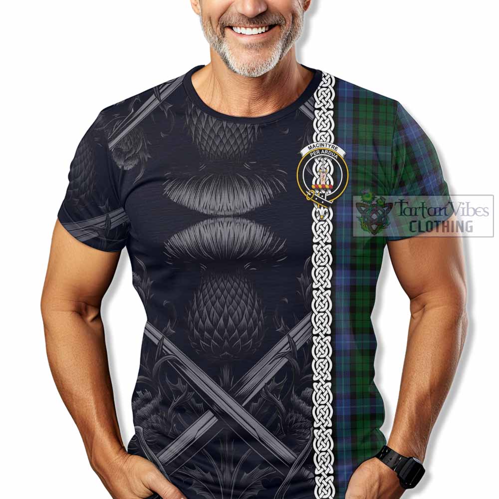 Tartan Vibes Clothing MacIntyre (McIntyre) Tartan T-Shirt with Family Crest Cross Sword Thistle Celtic Vibes