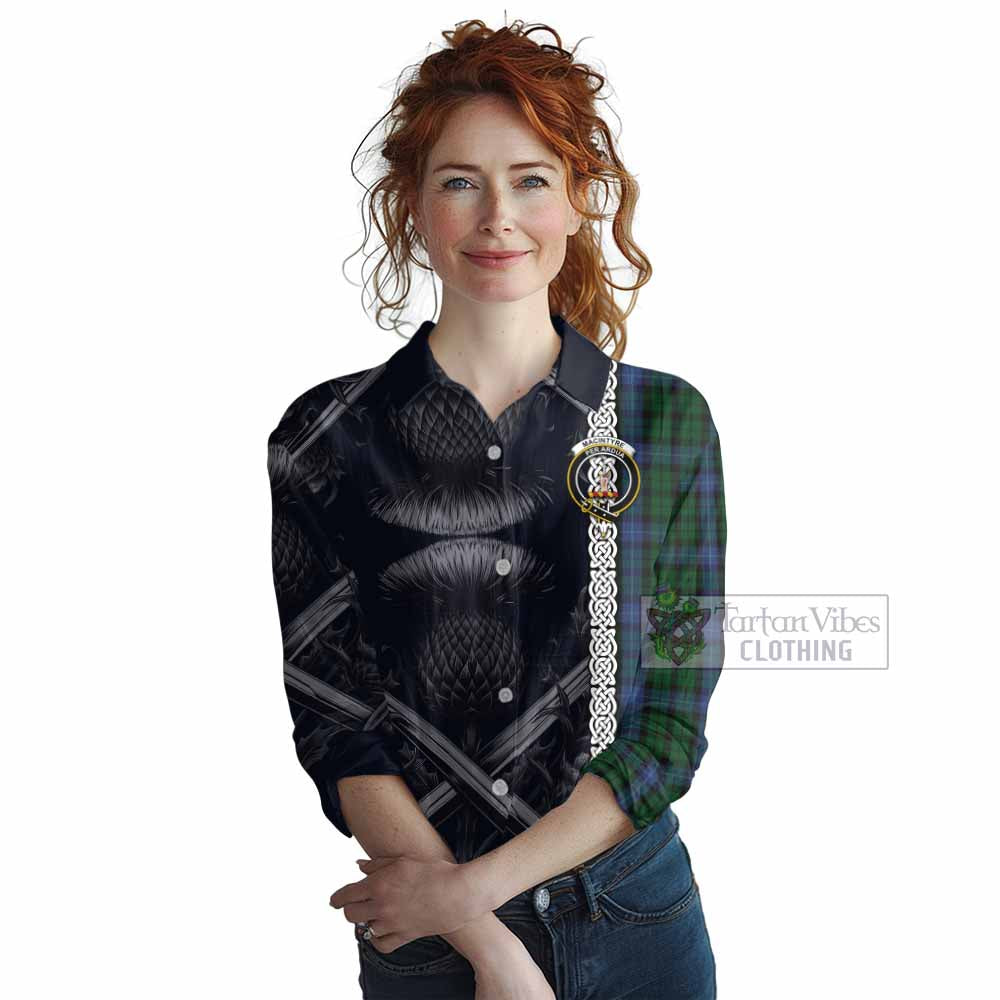 Tartan Vibes Clothing MacIntyre (McIntyre) Tartan Women's Casual Shirt with Family Crest Cross Sword Thistle Celtic Vibes