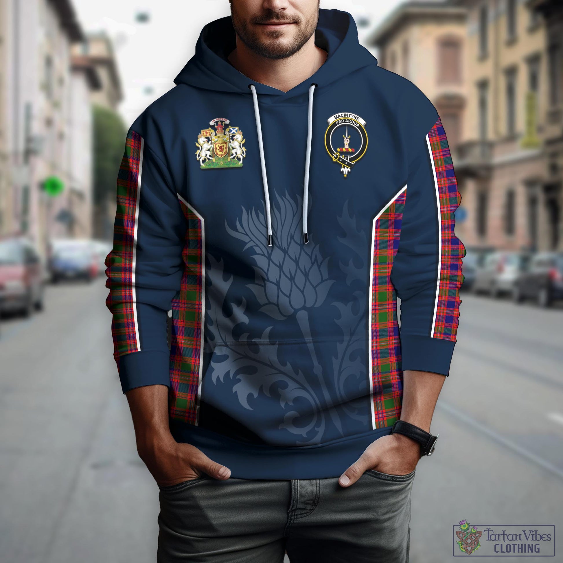 Tartan Vibes Clothing MacIntyre Modern Tartan Hoodie with Family Crest and Scottish Thistle Vibes Sport Style