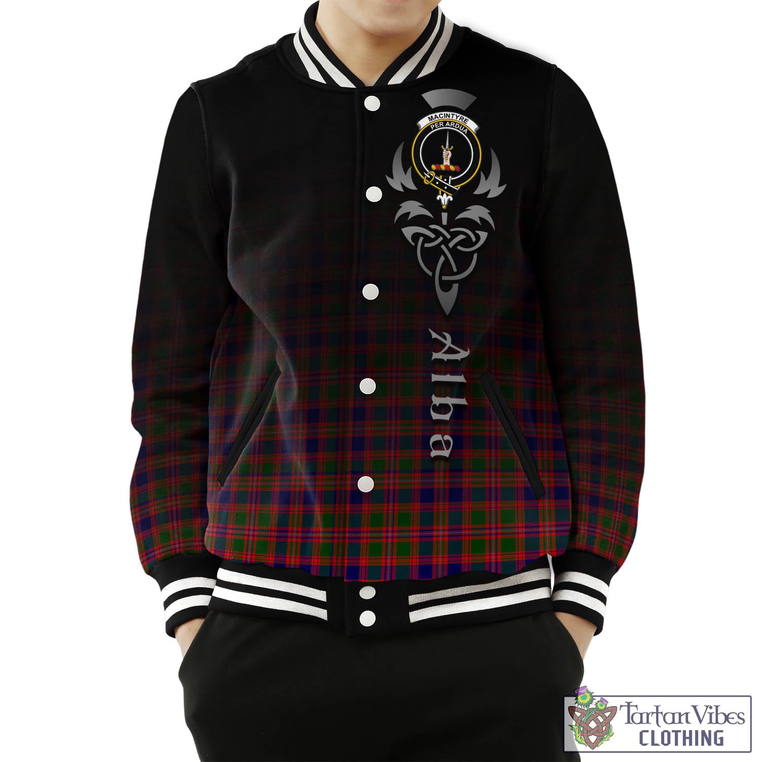 Tartan Vibes Clothing MacIntyre Modern Tartan Baseball Jacket Featuring Alba Gu Brath Family Crest Celtic Inspired