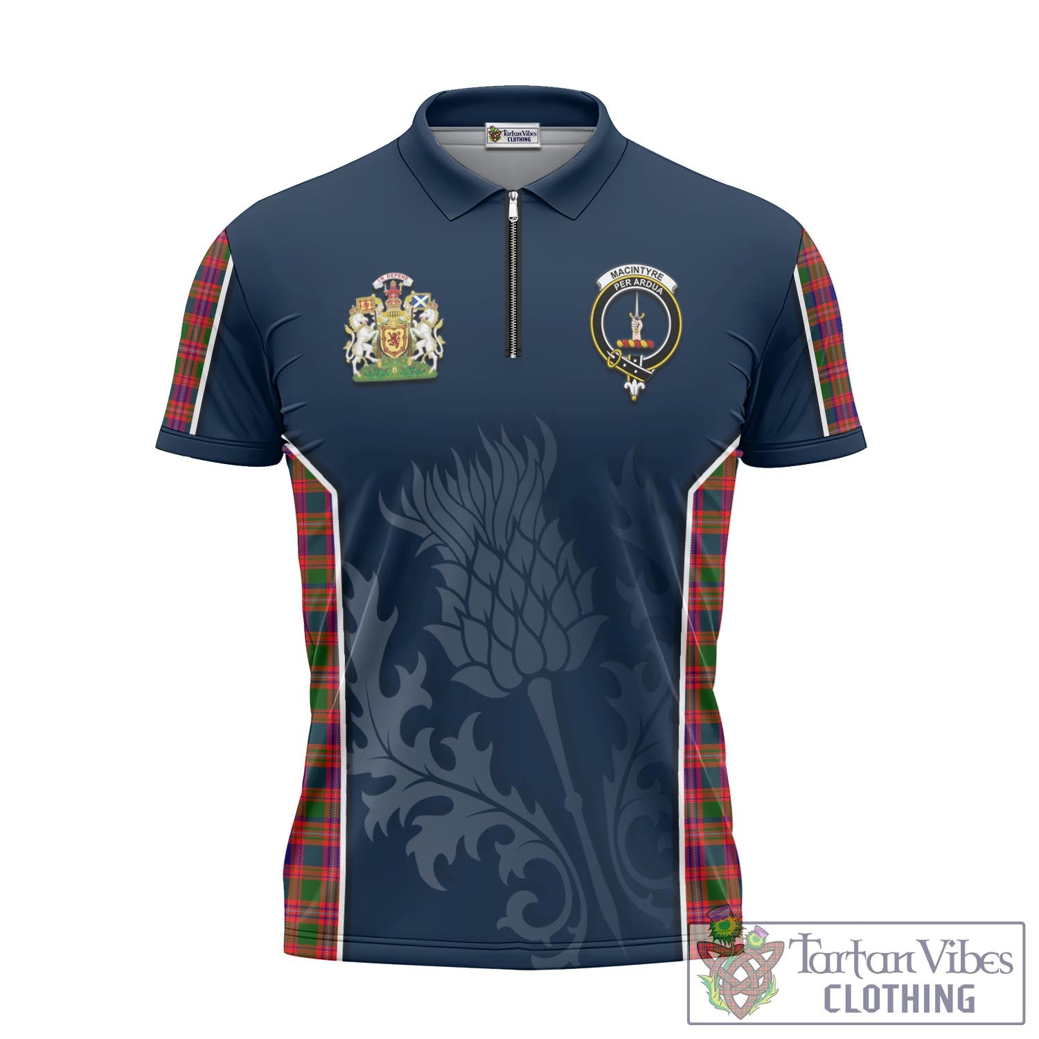 Tartan Vibes Clothing MacIntyre Modern Tartan Zipper Polo Shirt with Family Crest and Scottish Thistle Vibes Sport Style