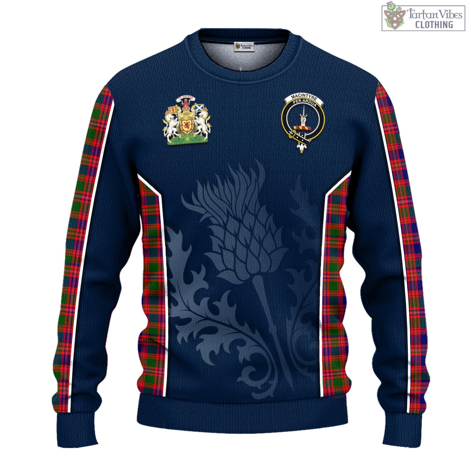 Tartan Vibes Clothing MacIntyre Modern Tartan Knitted Sweatshirt with Family Crest and Scottish Thistle Vibes Sport Style