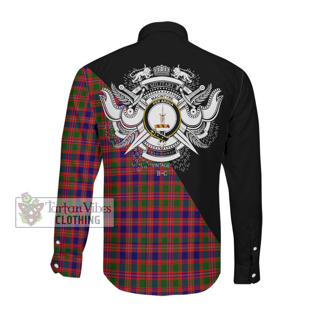 MacIntyre Modern Tartan Long Sleeve Button Shirt with Family Crest and Military Logo Style Men's Shirt - Tartanvibesclothing Shop