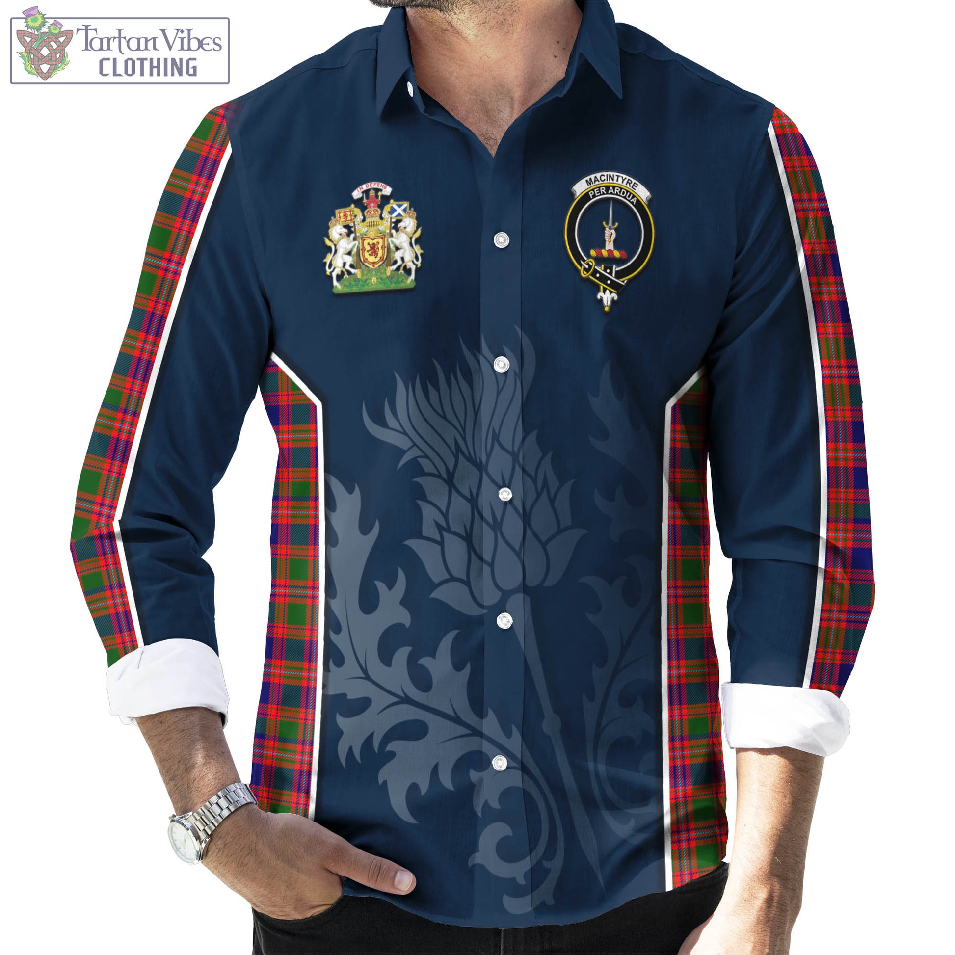 Tartan Vibes Clothing MacIntyre Modern Tartan Long Sleeve Button Up Shirt with Family Crest and Scottish Thistle Vibes Sport Style