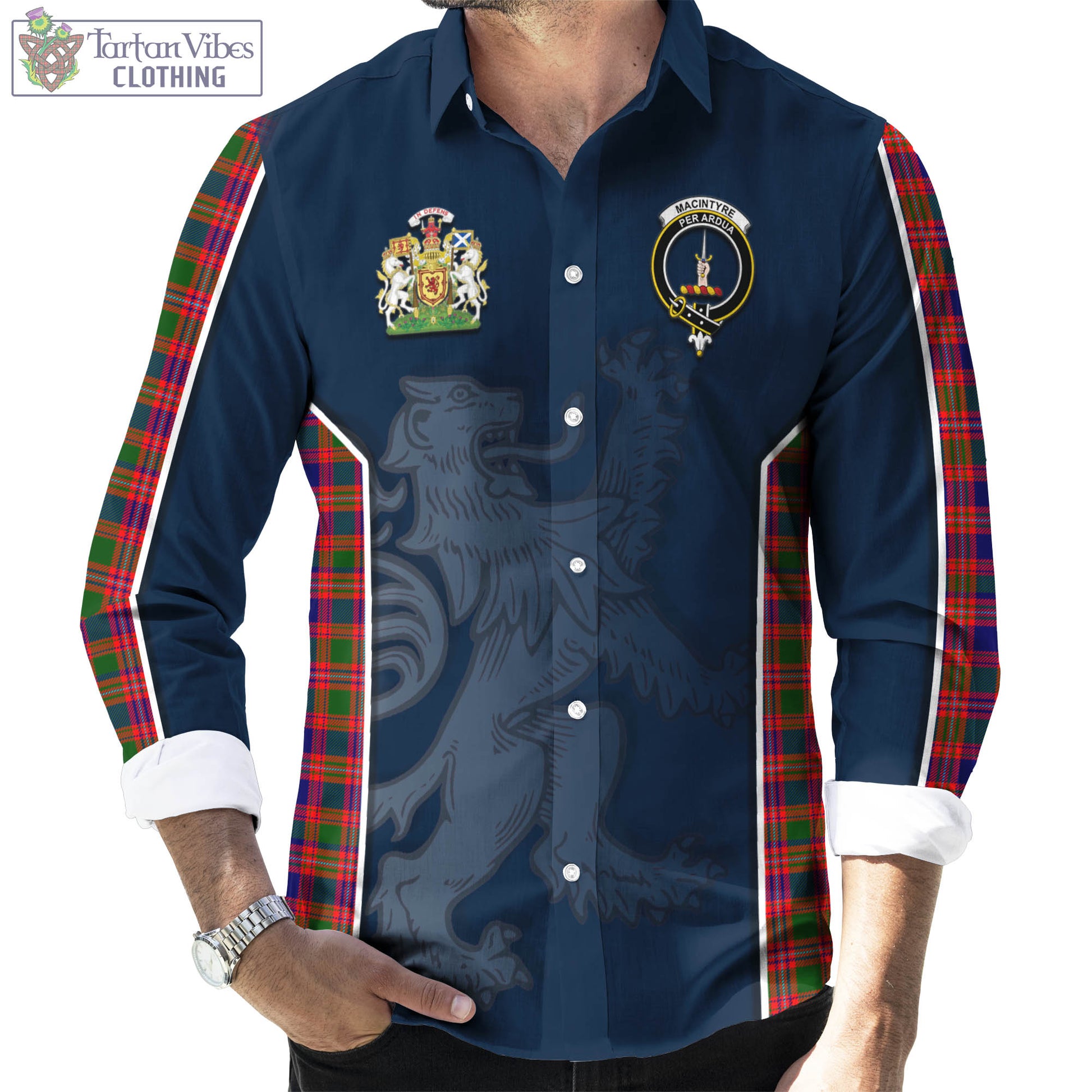 Tartan Vibes Clothing MacIntyre Modern Tartan Long Sleeve Button Up Shirt with Family Crest and Lion Rampant Vibes Sport Style