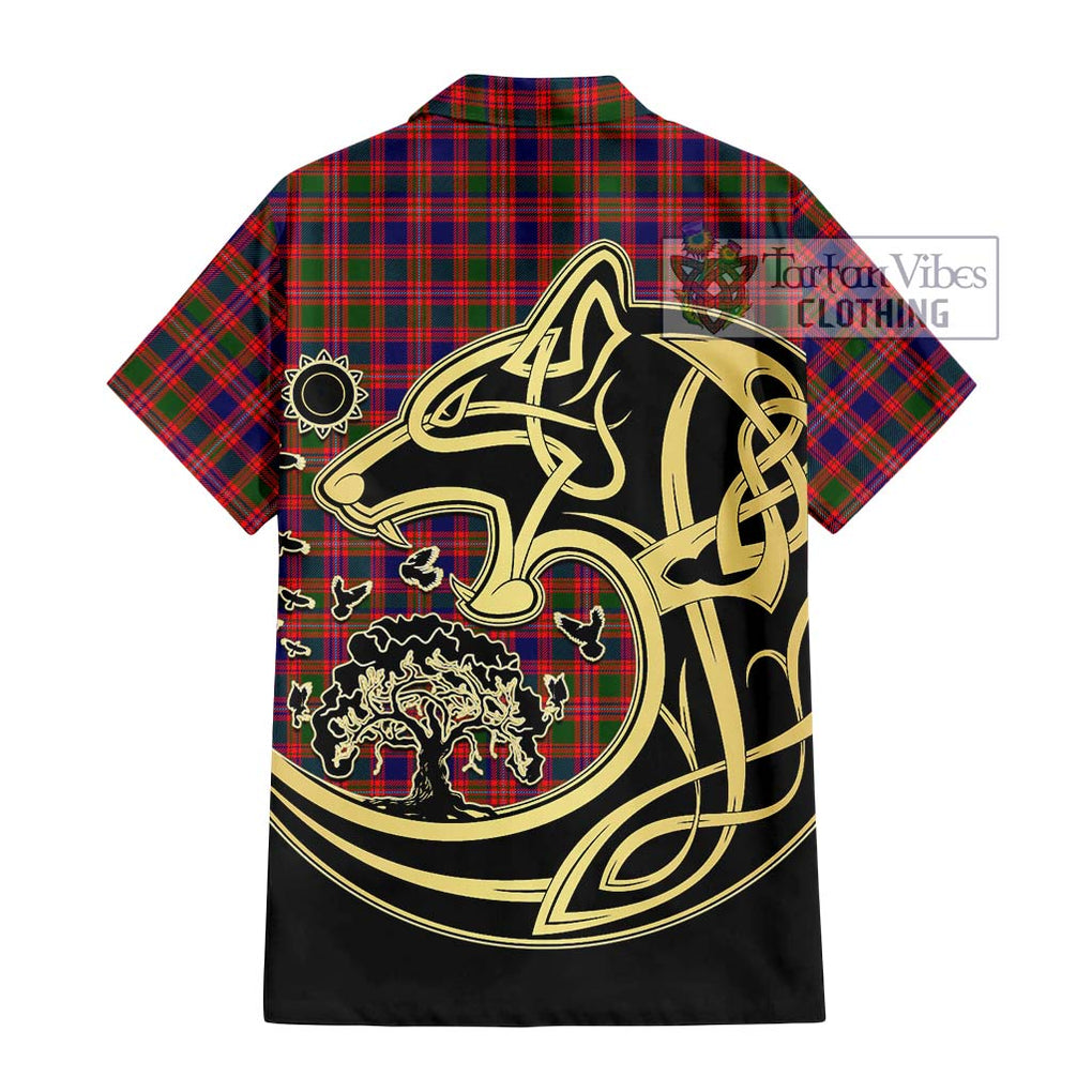 MacIntyre Modern Tartan Short Sleeve Button Shirt with Family Crest Celtic Wolf Style - Tartan Vibes Clothing