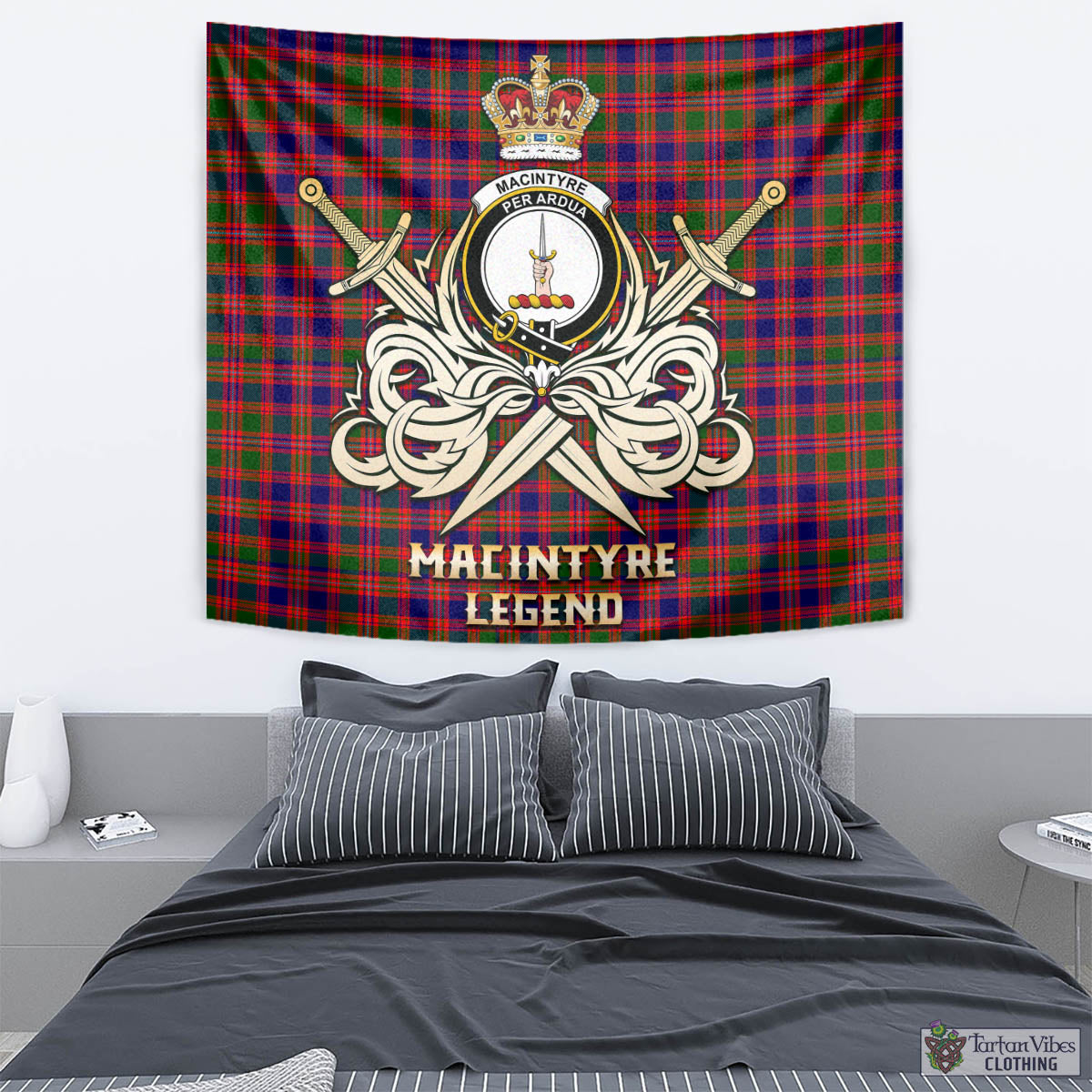 Tartan Vibes Clothing MacIntyre Modern Tartan Tapestry with Clan Crest and the Golden Sword of Courageous Legacy