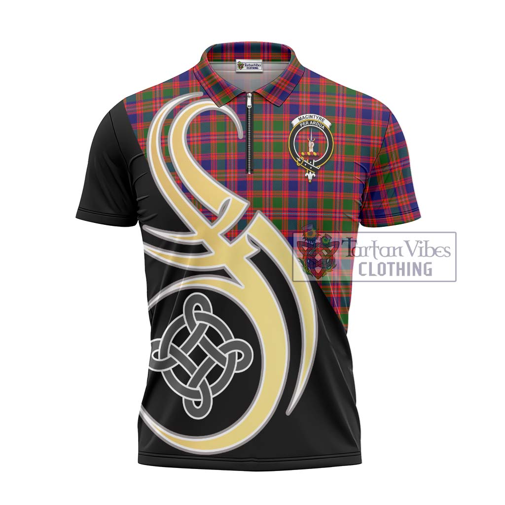 Tartan Vibes Clothing MacIntyre Modern Tartan Zipper Polo Shirt with Family Crest and Celtic Symbol Style