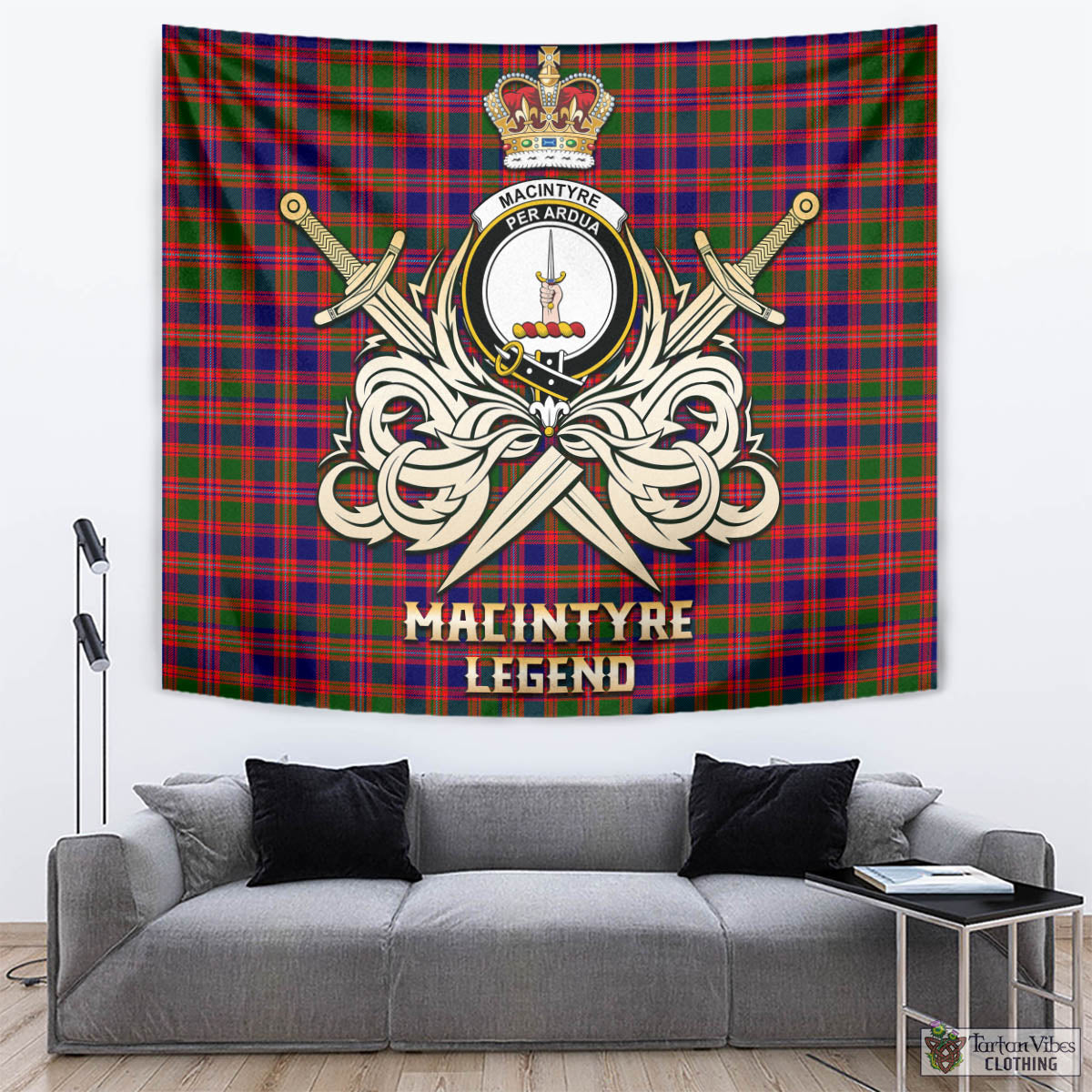 Tartan Vibes Clothing MacIntyre Modern Tartan Tapestry with Clan Crest and the Golden Sword of Courageous Legacy