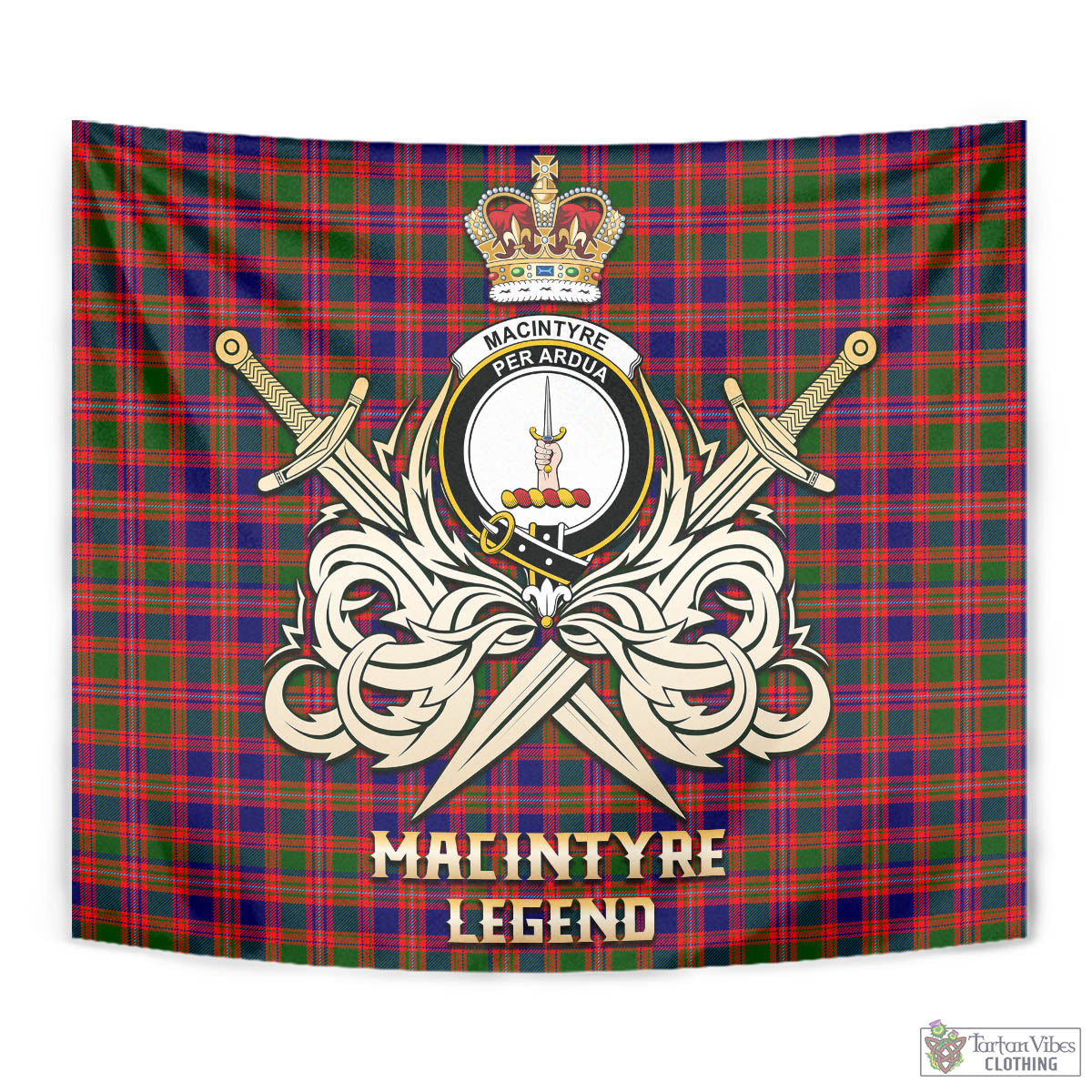 Tartan Vibes Clothing MacIntyre Modern Tartan Tapestry with Clan Crest and the Golden Sword of Courageous Legacy