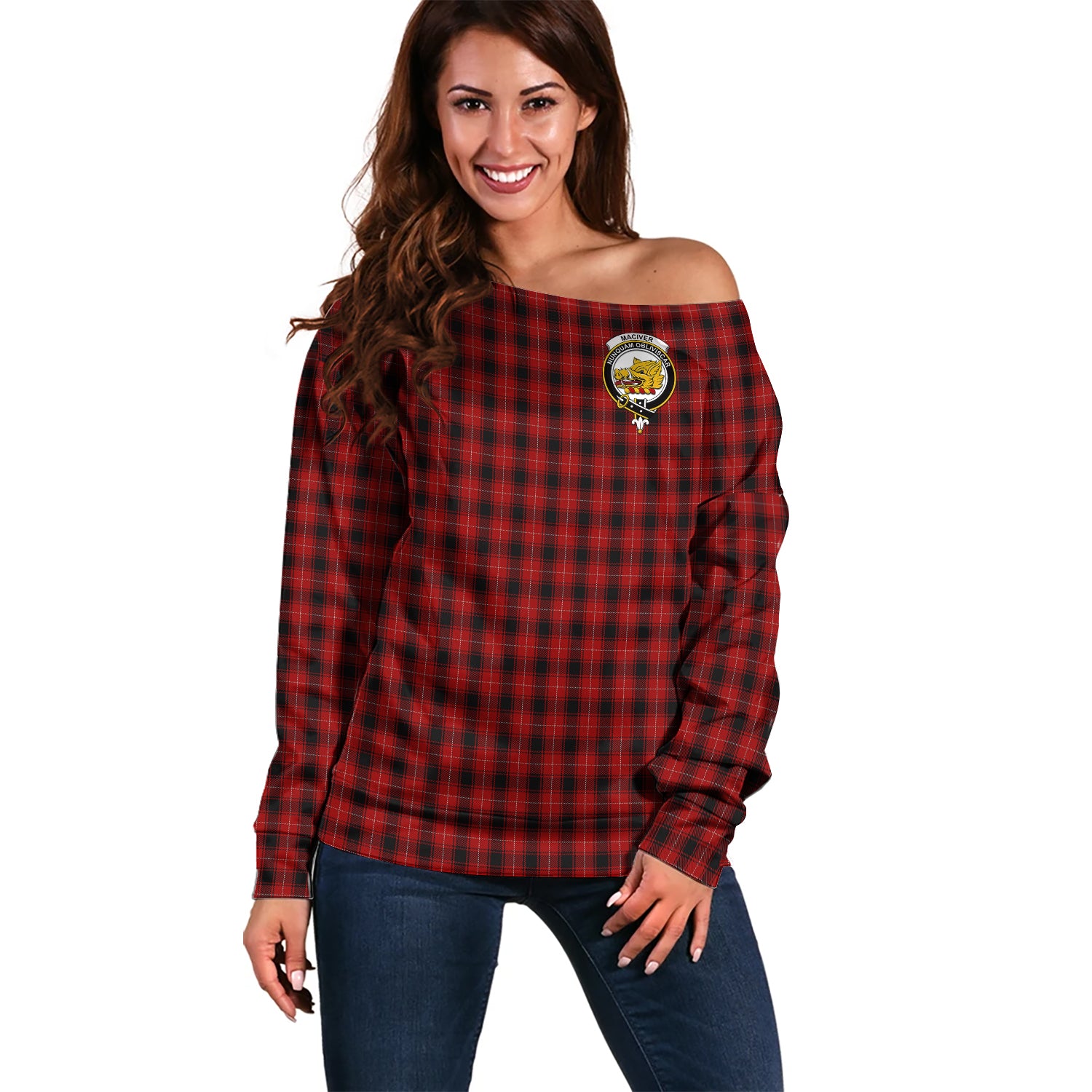 MacIver Tartan Off Shoulder Women Sweater with Family Crest Women - Tartanvibesclothing