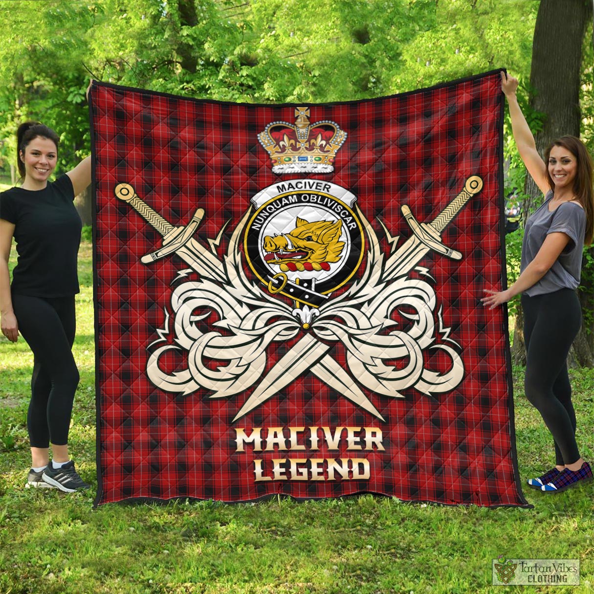 Tartan Vibes Clothing MacIver Tartan Quilt with Clan Crest and the Golden Sword of Courageous Legacy