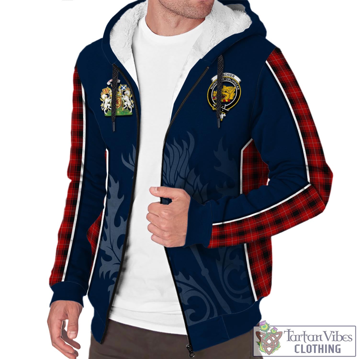 Tartan Vibes Clothing MacIver Tartan Sherpa Hoodie with Family Crest and Scottish Thistle Vibes Sport Style