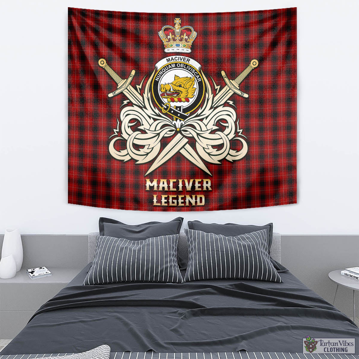 Tartan Vibes Clothing MacIver Tartan Tapestry with Clan Crest and the Golden Sword of Courageous Legacy