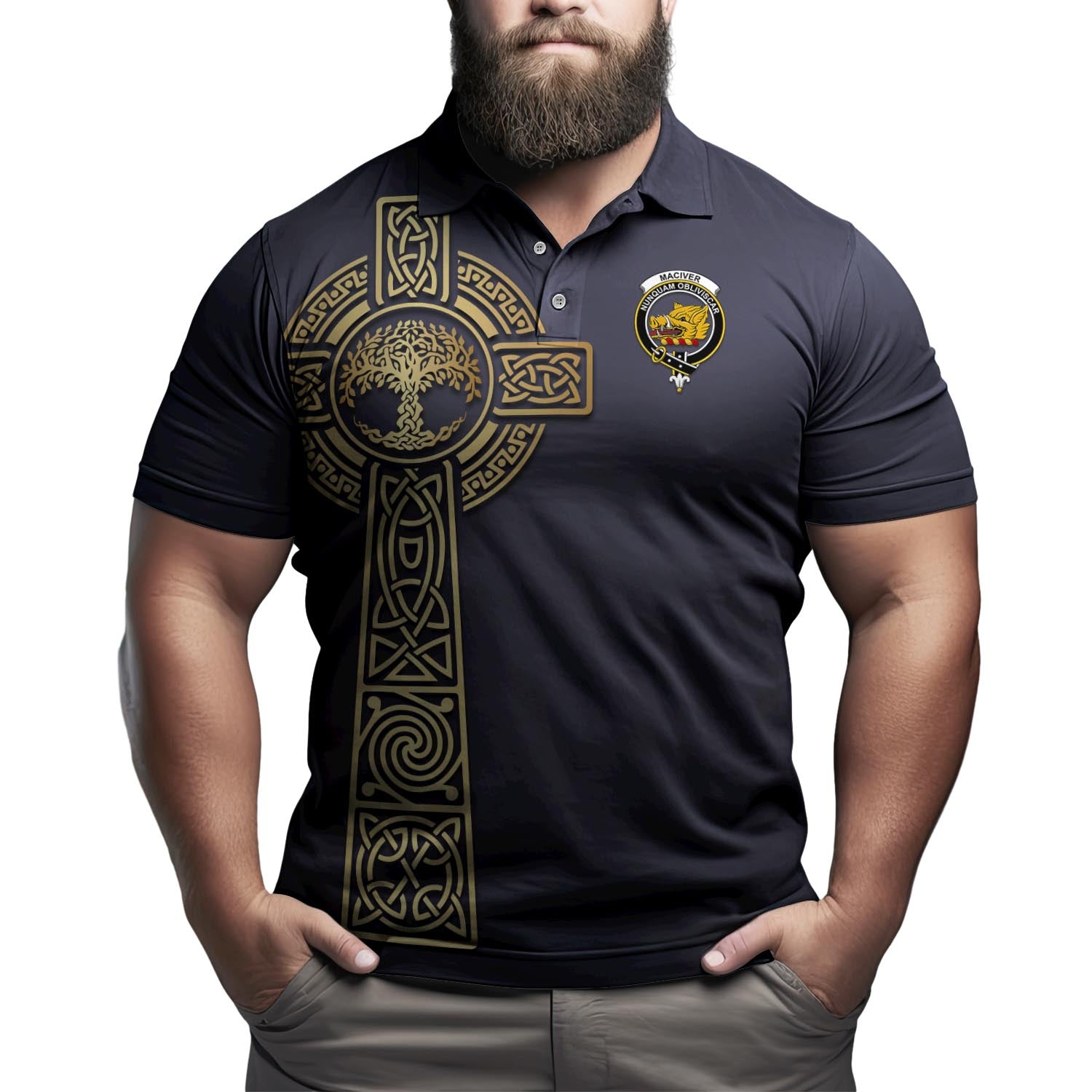 MacIver Clan Polo Shirt with Golden Celtic Tree Of Life - Tartanvibesclothing