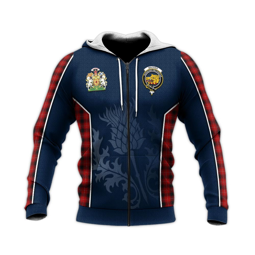 Tartan Vibes Clothing MacIver Tartan Knitted Hoodie with Family Crest and Scottish Thistle Vibes Sport Style