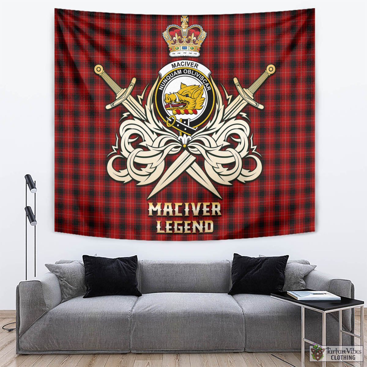 Tartan Vibes Clothing MacIver Tartan Tapestry with Clan Crest and the Golden Sword of Courageous Legacy