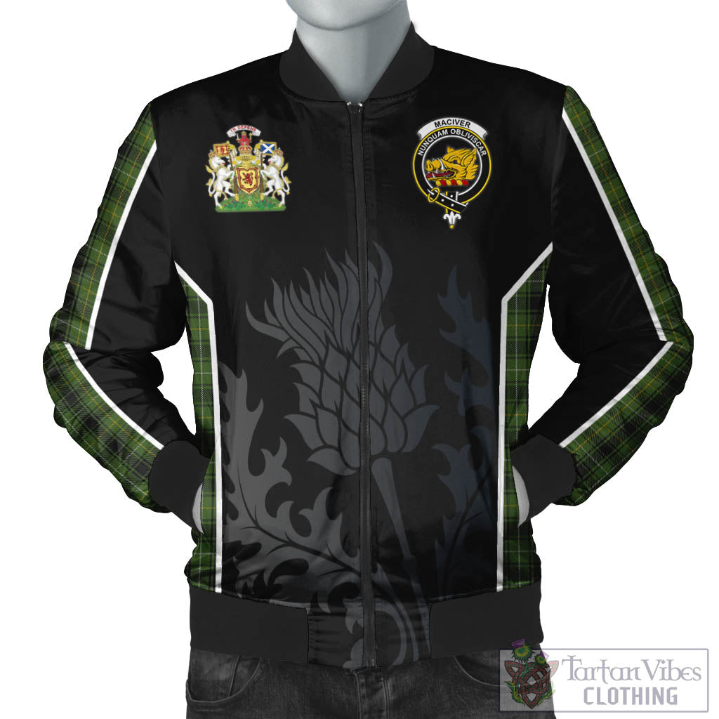 Tartan Vibes Clothing MacIver Hunting Tartan Bomber Jacket with Family Crest and Scottish Thistle Vibes Sport Style