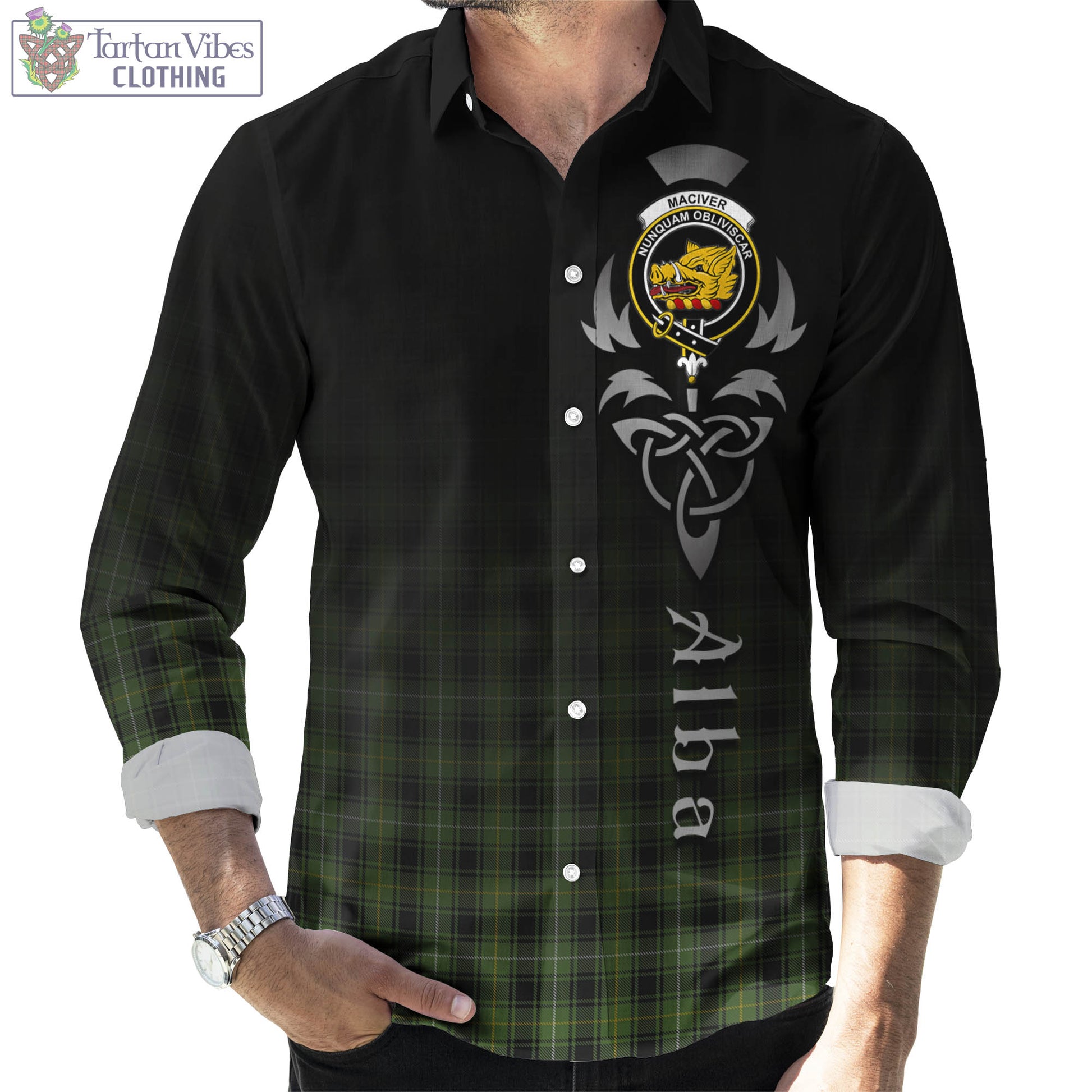 Tartan Vibes Clothing MacIver Hunting Tartan Long Sleeve Button Up Featuring Alba Gu Brath Family Crest Celtic Inspired