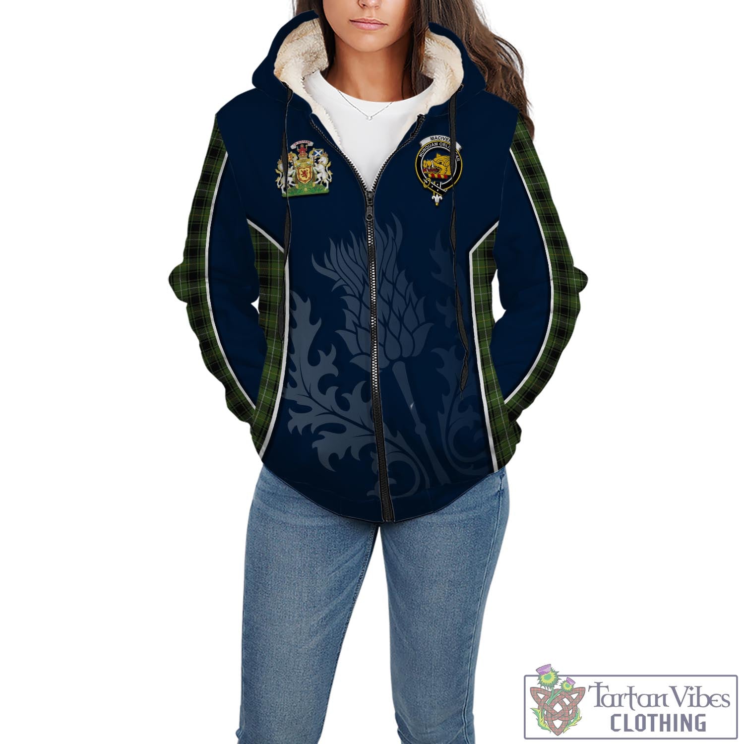 Tartan Vibes Clothing MacIver Hunting Tartan Sherpa Hoodie with Family Crest and Scottish Thistle Vibes Sport Style