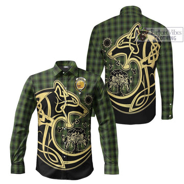 MacIver Hunting Tartan Long Sleeve Button Shirt with Family Crest Celtic Wolf Style