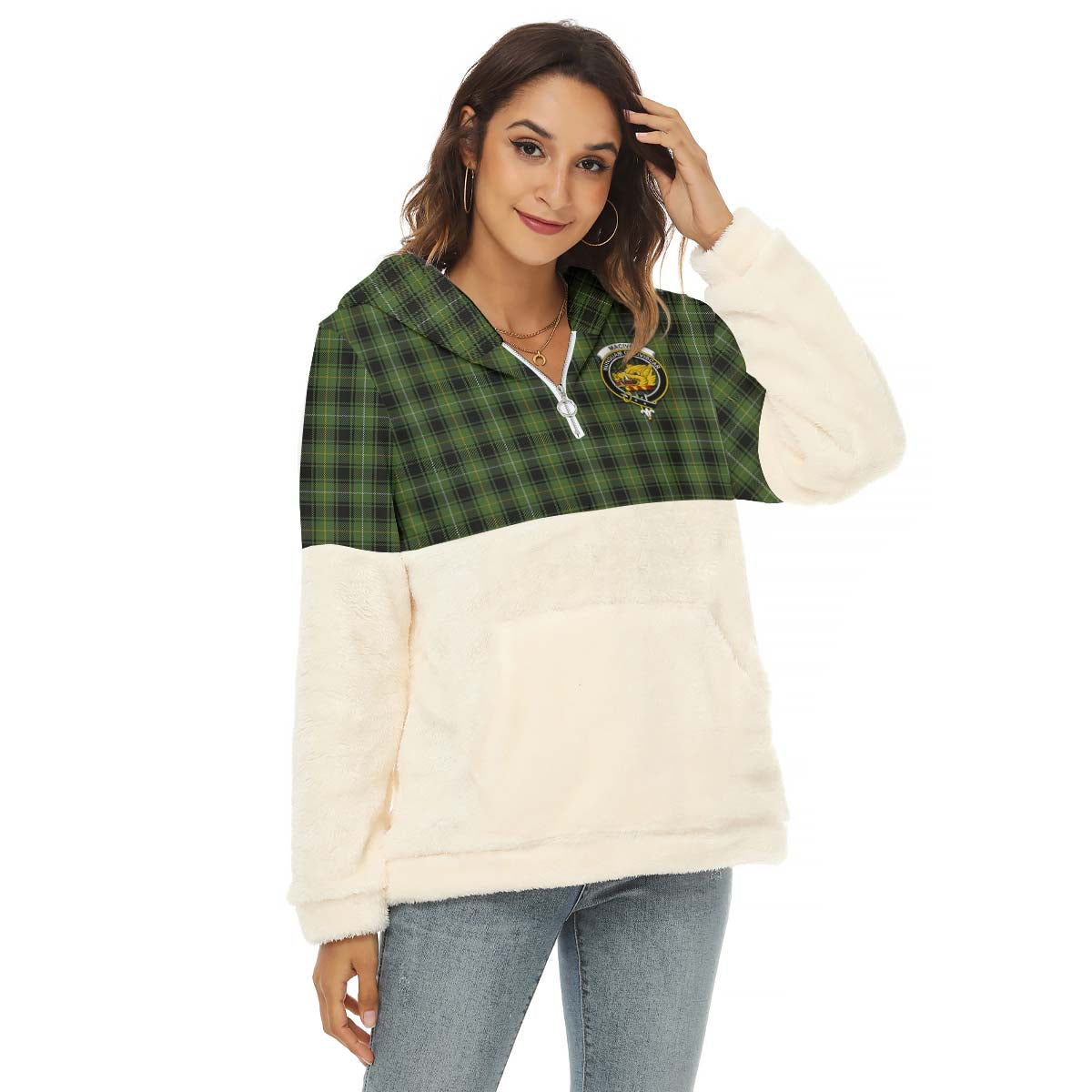 MacIver Hunting Tartan Women's Borg Fleece Hoodie With Half Zip with Family Crest Female - Tartan Vibes Clothing