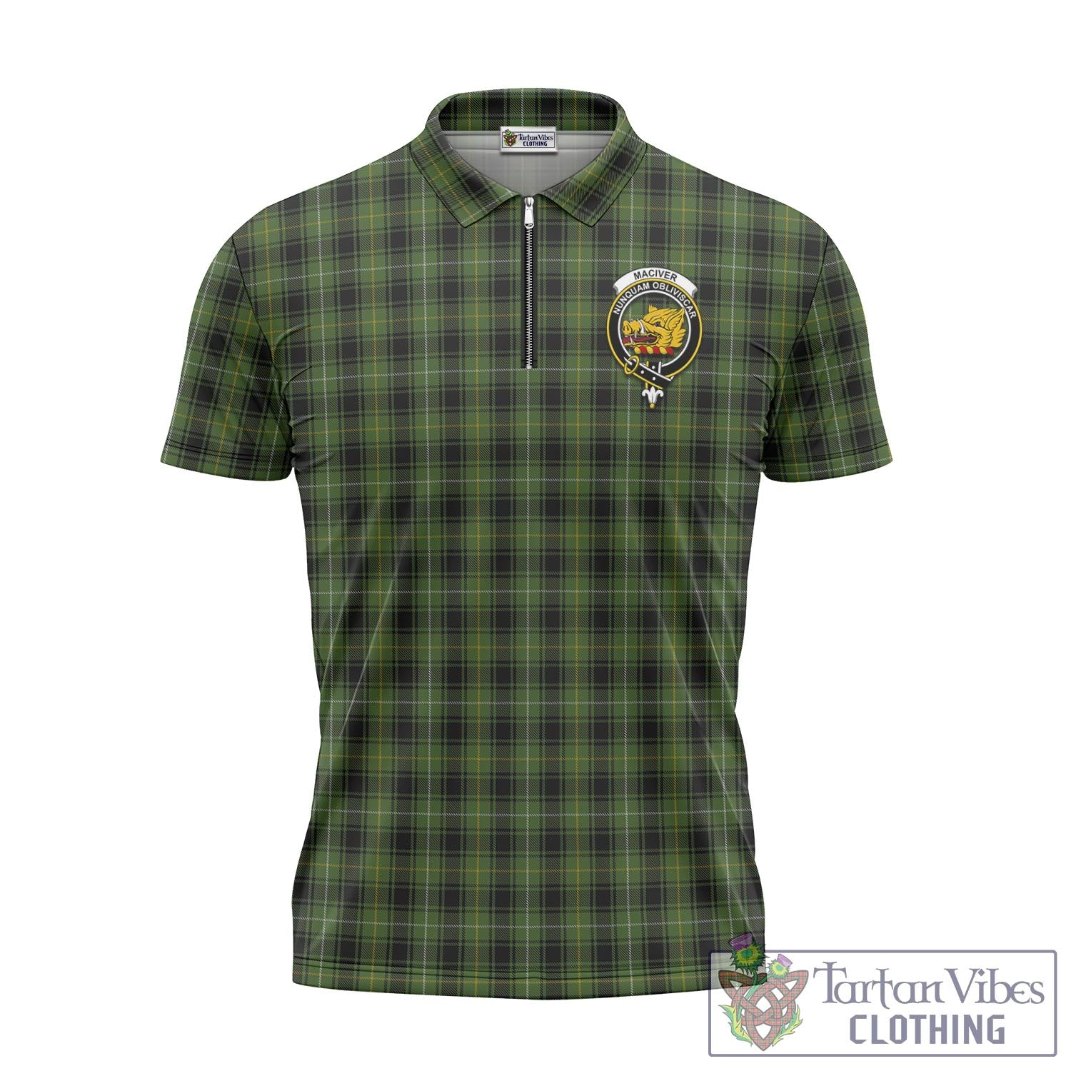 Tartan Vibes Clothing MacIver Hunting Tartan Zipper Polo Shirt with Family Crest