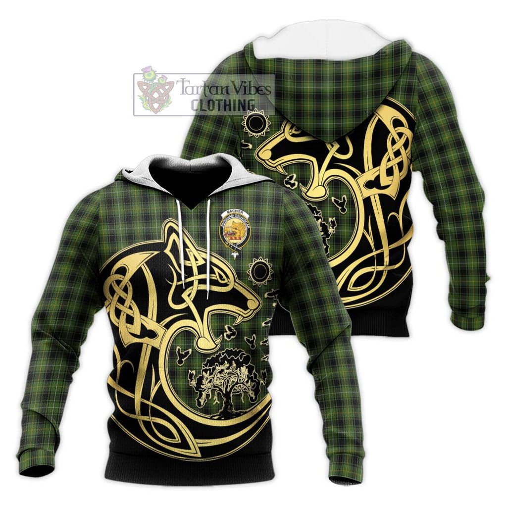 MacIver Hunting Tartan Knitted Hoodie with Family Crest Celtic Wolf Style Unisex Knitted Pullover Hoodie - Tartan Vibes Clothing