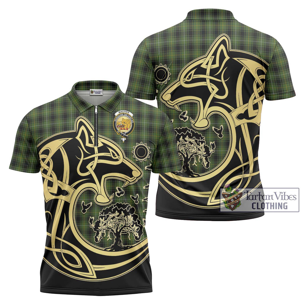 MacIver Hunting Tartan Zipper Polo Shirt with Family Crest Celtic Wolf Style Unisex - Tartanvibesclothing Shop