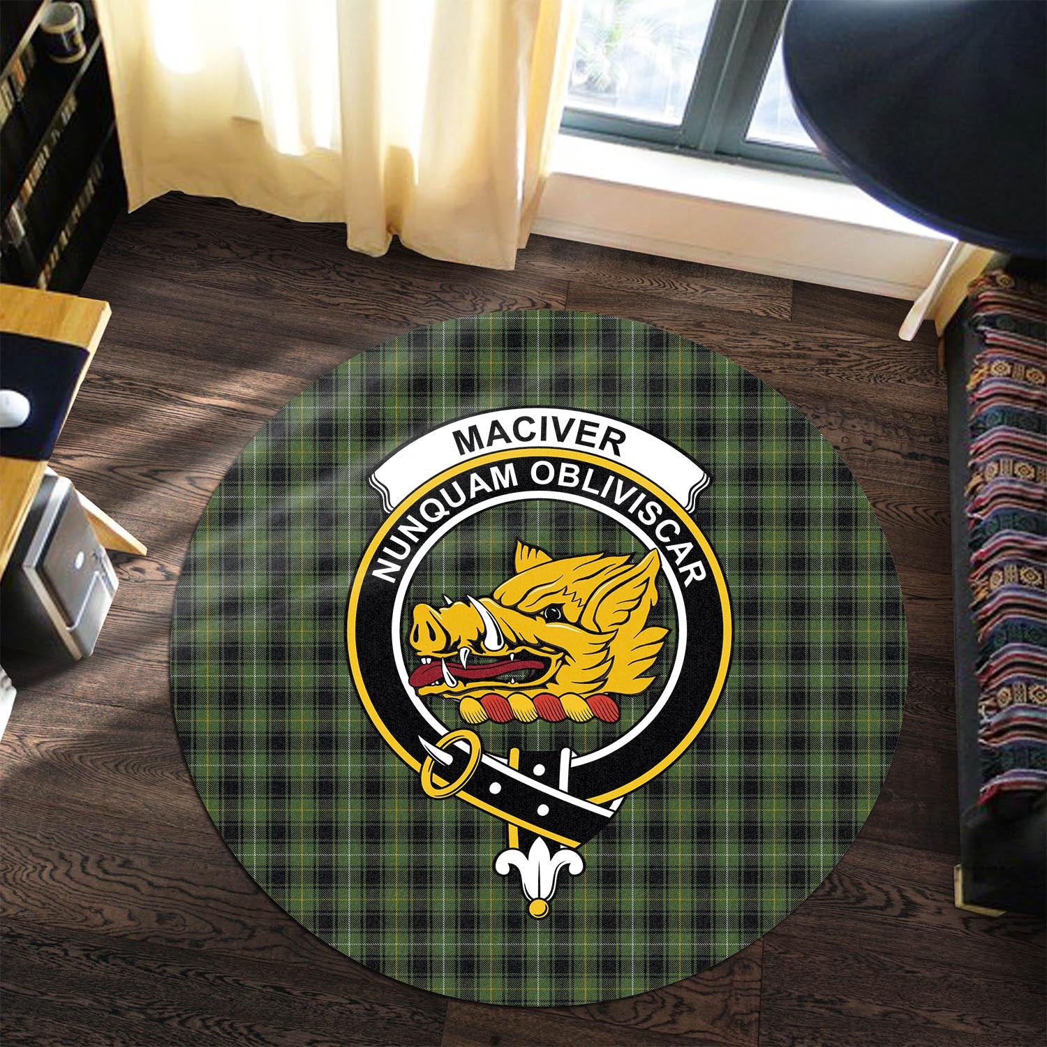 maciver-hunting-tartan-round-rug-with-family-crest