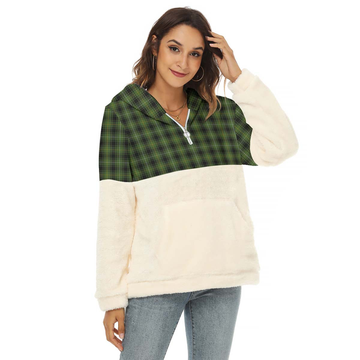 MacIver Hunting Tartan Women's Borg Fleece Hoodie With Half Zip Female - Tartan Vibes Clothing