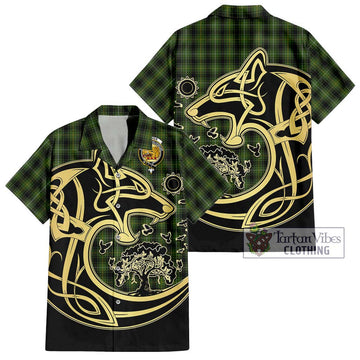 MacIver Hunting Tartan Short Sleeve Button Shirt with Family Crest Celtic Wolf Style