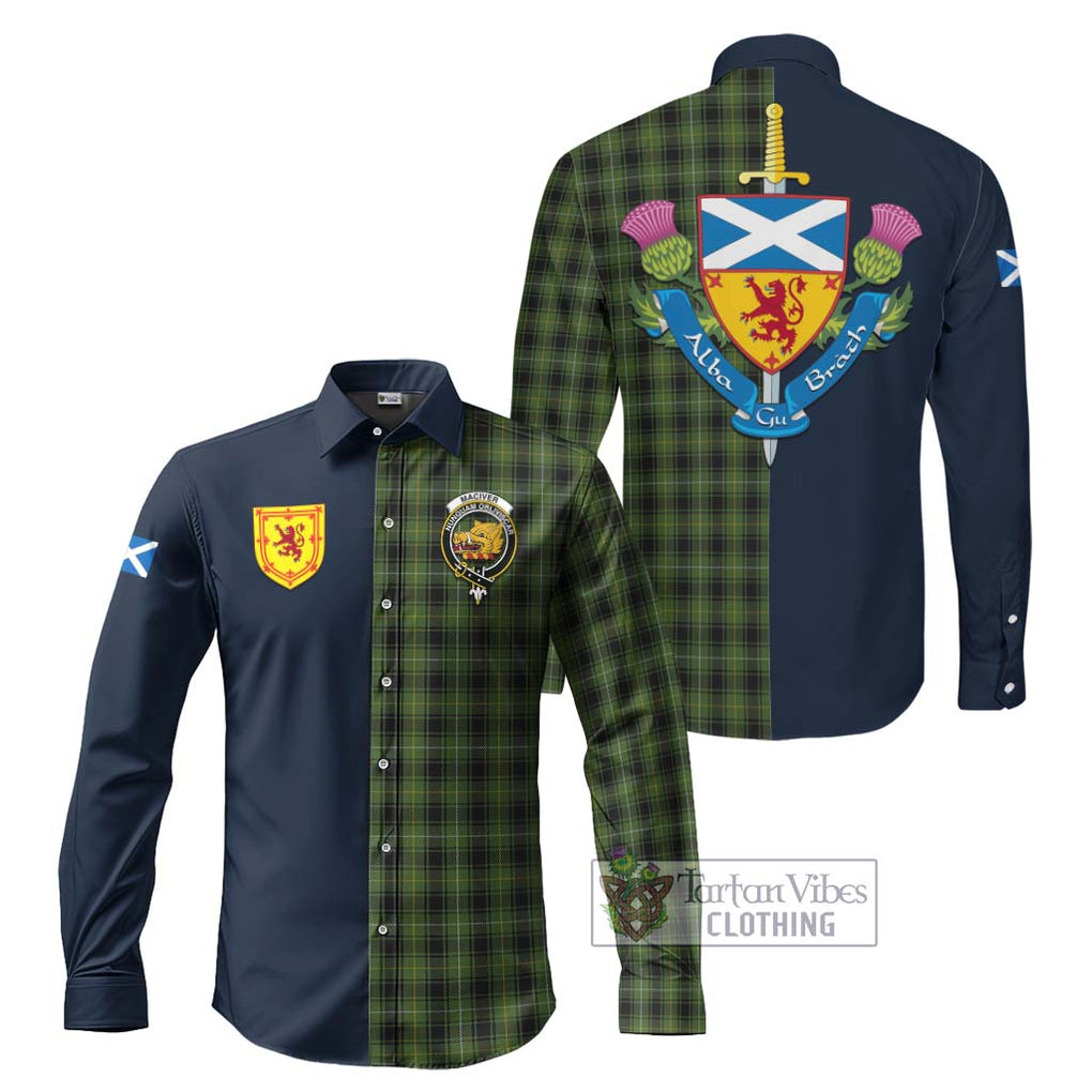 Tartan Vibes Clothing MacIver Hunting Tartan Long Sleeve Button Shirt with Scottish Lion Royal Arm Half Style