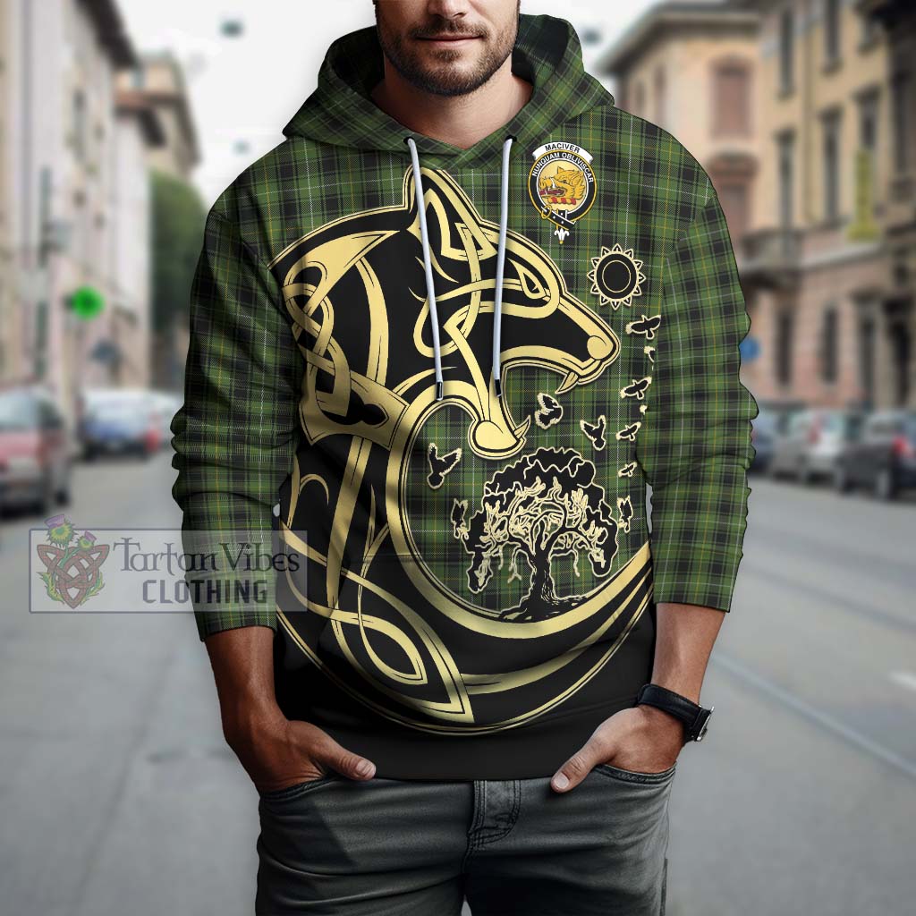 Tartan Vibes Clothing MacIver Hunting Tartan Hoodie with Family Crest Celtic Wolf Style