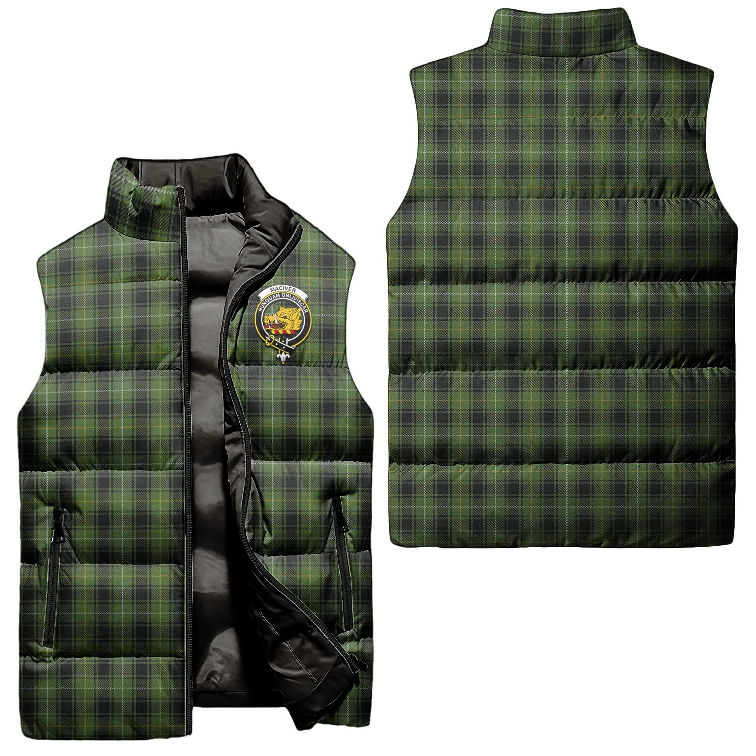 MacIver Hunting Tartan Sleeveless Puffer Jacket with Family Crest Unisex - Tartanvibesclothing