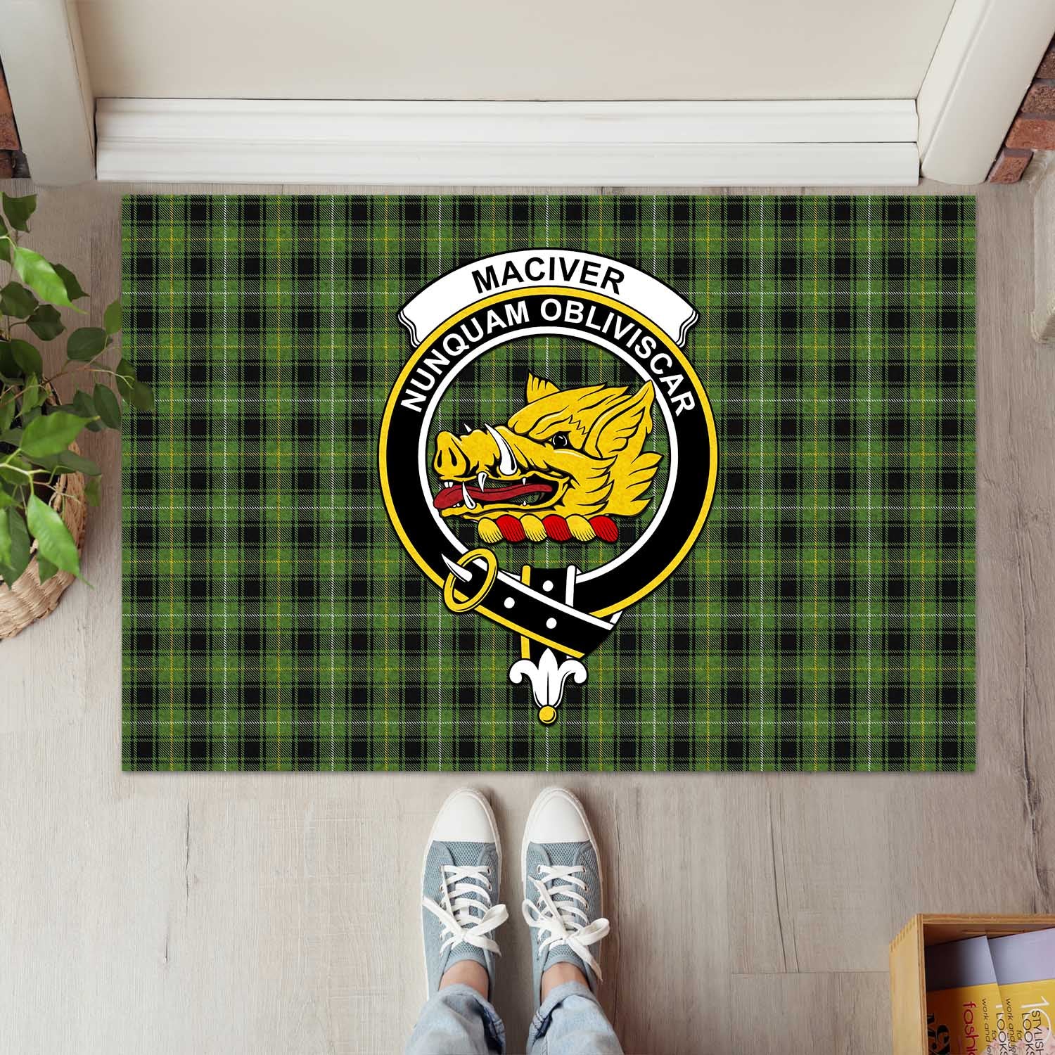 MacIver Hunting Tartan Door Mat with Family Crest - Tartanvibesclothing