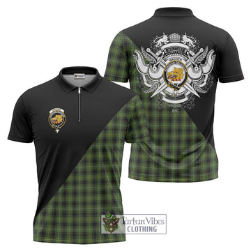 MacIver Hunting Tartan Zipper Polo Shirt with Family Crest and Military Logo Style