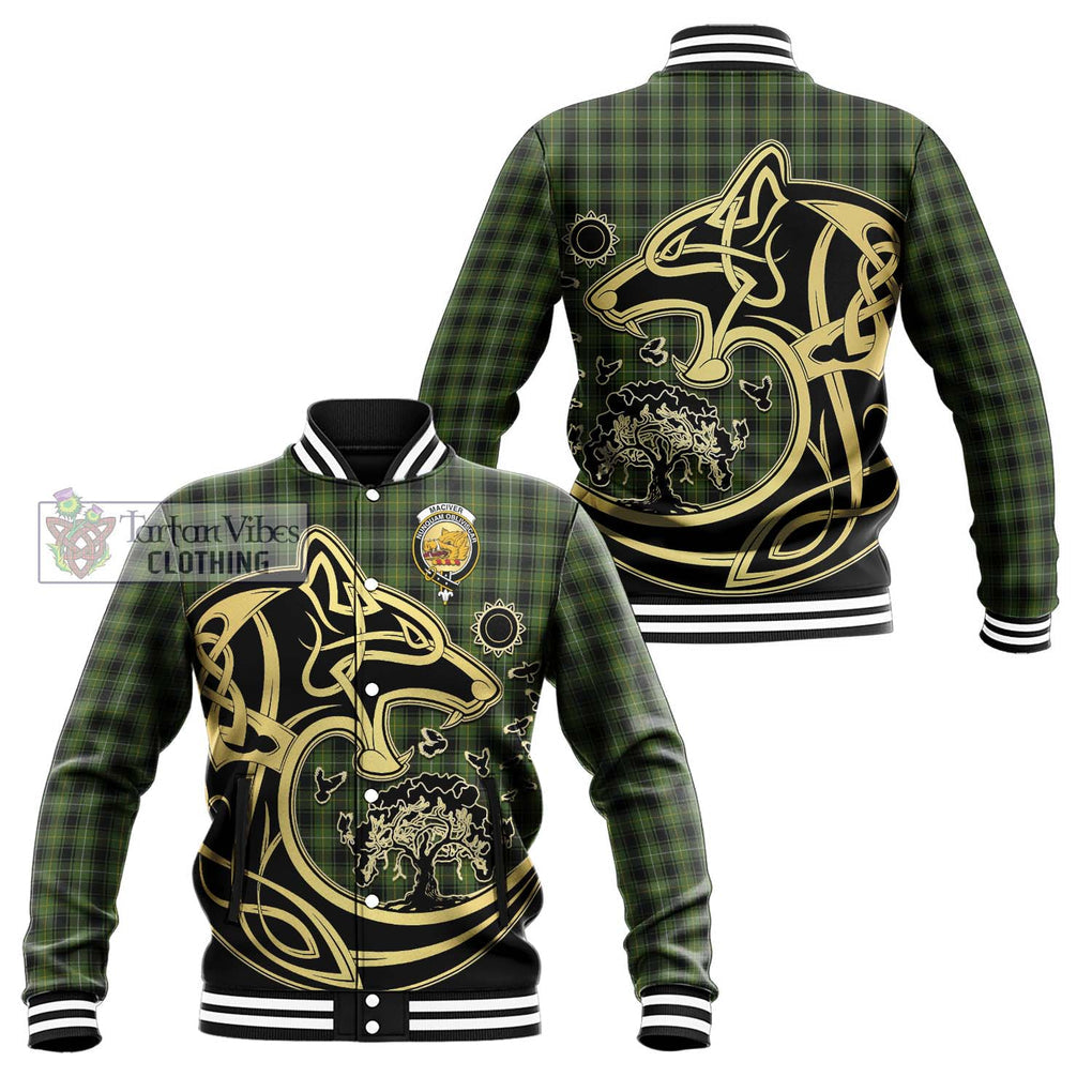 MacIver Hunting Tartan Baseball Jacket with Family Crest Celtic Wolf Style Unisex - Tartan Vibes Clothing