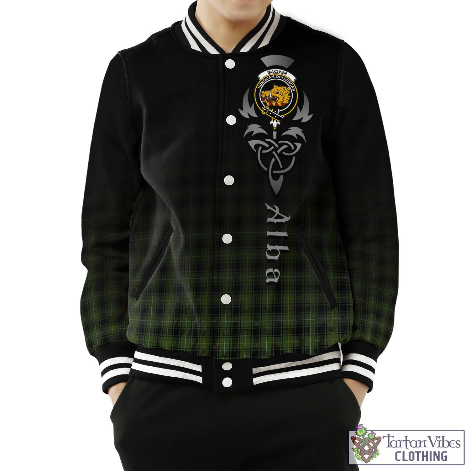 Tartan Vibes Clothing MacIver Hunting Tartan Baseball Jacket Featuring Alba Gu Brath Family Crest Celtic Inspired