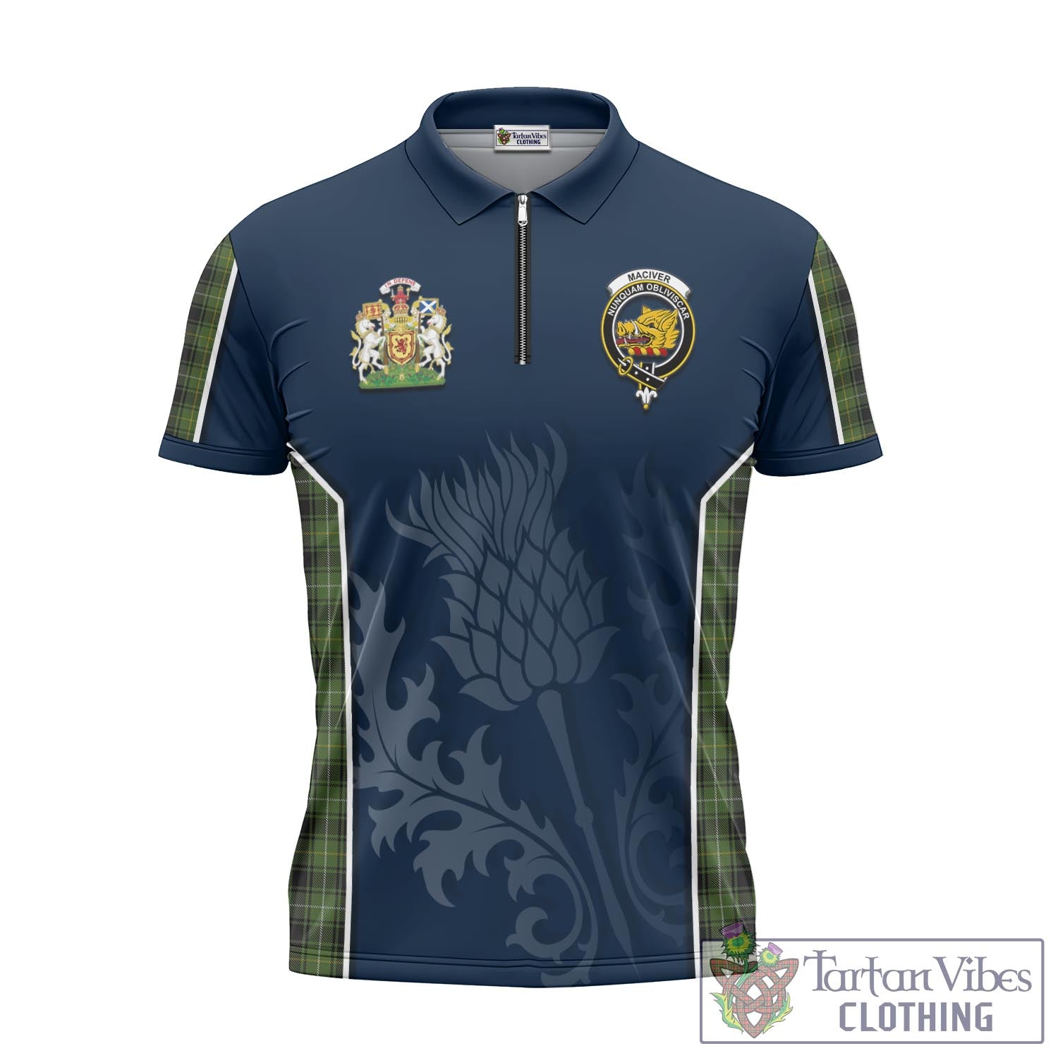 Tartan Vibes Clothing MacIver Hunting Tartan Zipper Polo Shirt with Family Crest and Scottish Thistle Vibes Sport Style