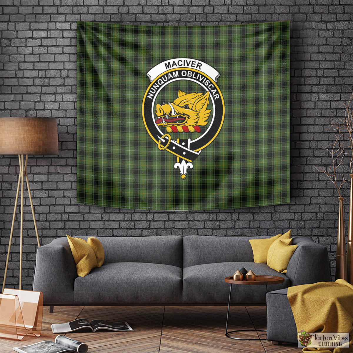 Tartan Vibes Clothing MacIver Hunting Tartan Tapestry Wall Hanging and Home Decor for Room with Family Crest