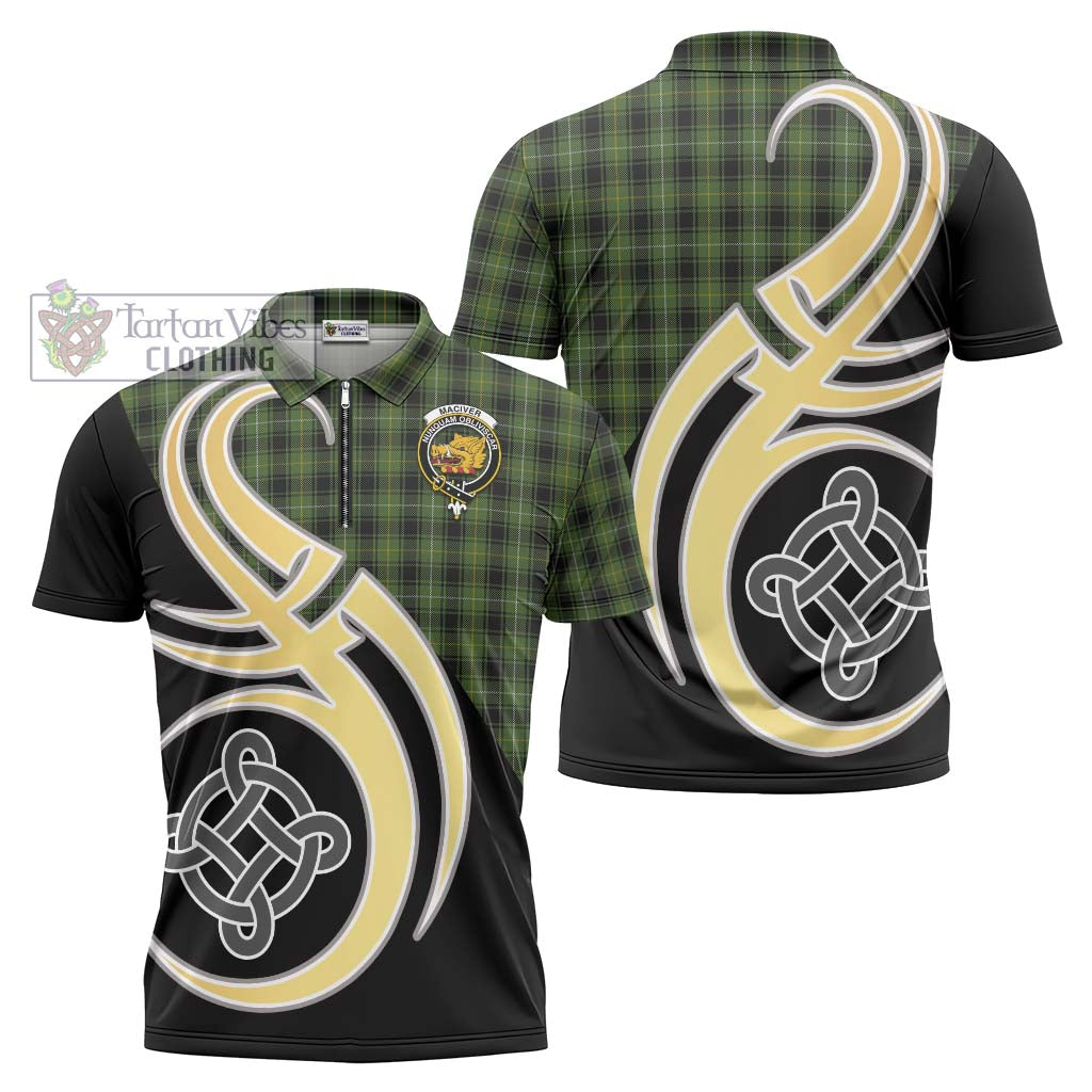 Tartan Vibes Clothing MacIver Hunting Tartan Zipper Polo Shirt with Family Crest and Celtic Symbol Style