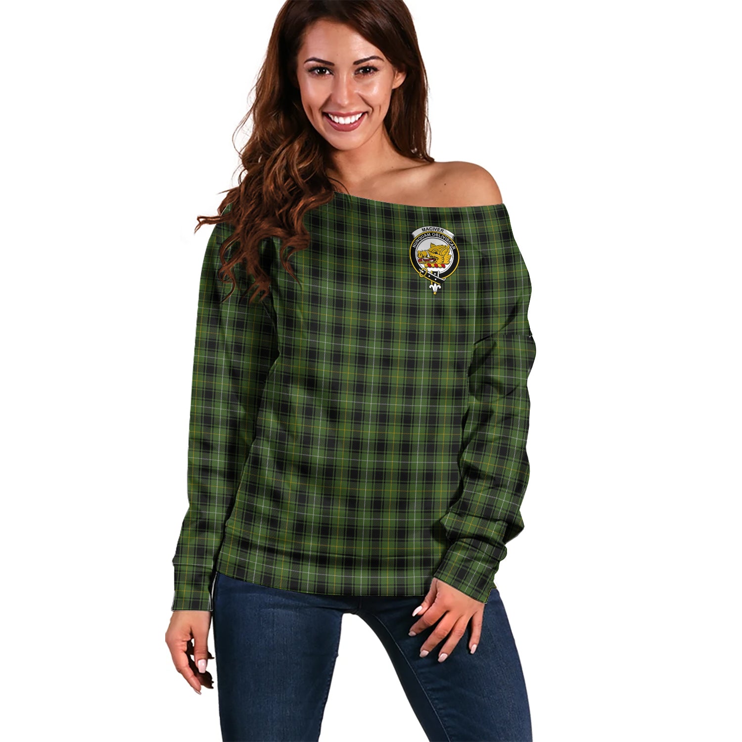 MacIver Hunting Tartan Off Shoulder Women Sweater with Family Crest Women - Tartanvibesclothing