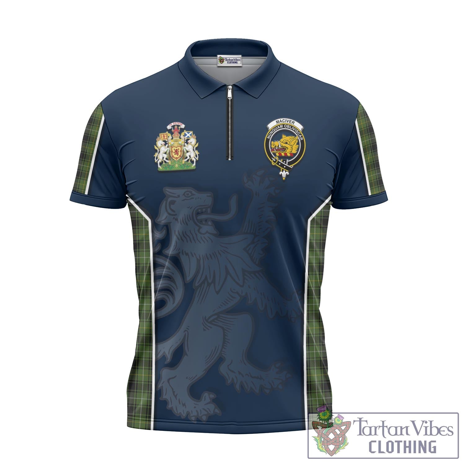 Tartan Vibes Clothing MacIver Hunting Tartan Zipper Polo Shirt with Family Crest and Lion Rampant Vibes Sport Style