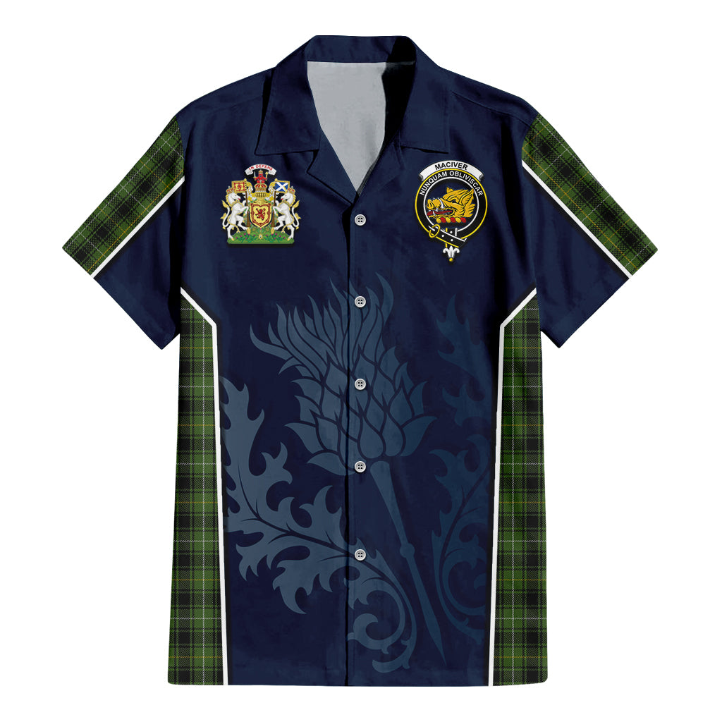 Tartan Vibes Clothing MacIver Hunting Tartan Short Sleeve Button Up Shirt with Family Crest and Scottish Thistle Vibes Sport Style